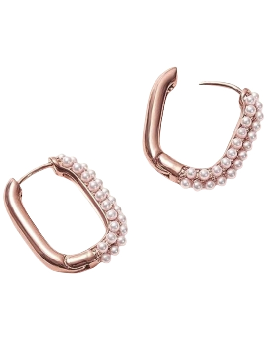 Boutique Jewelry - Rose Gold and Pearl Rectangle Hoops Rectangular Hoop Earrings Pave Pearls